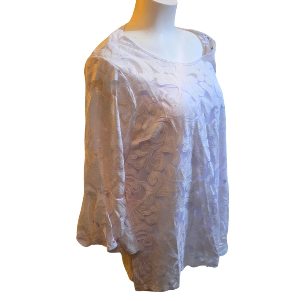 NY Collection Women’s Size 1XL White Floral Lace 3/4 Sleeve Tunic Blouse  NEW